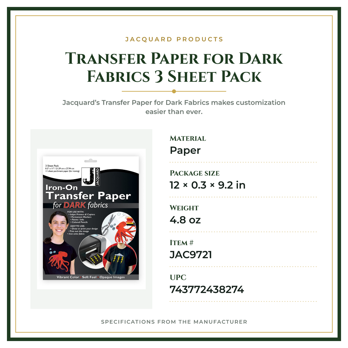 Product Specifications – Transfer Paper for Dark Fabrics 3 Sheet Pack
