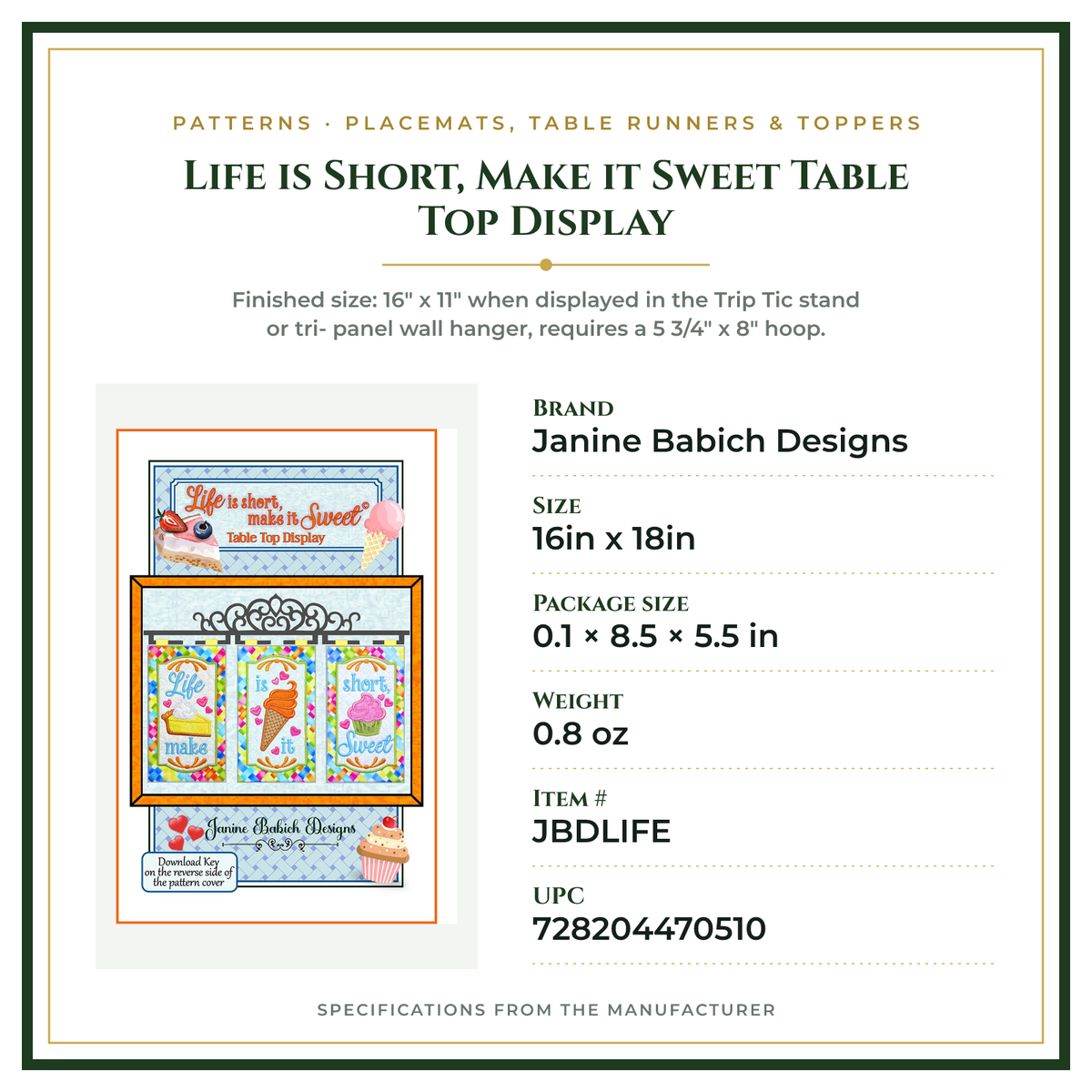 Product Specifications – Life is Short, Make it Sweet Table Top Display