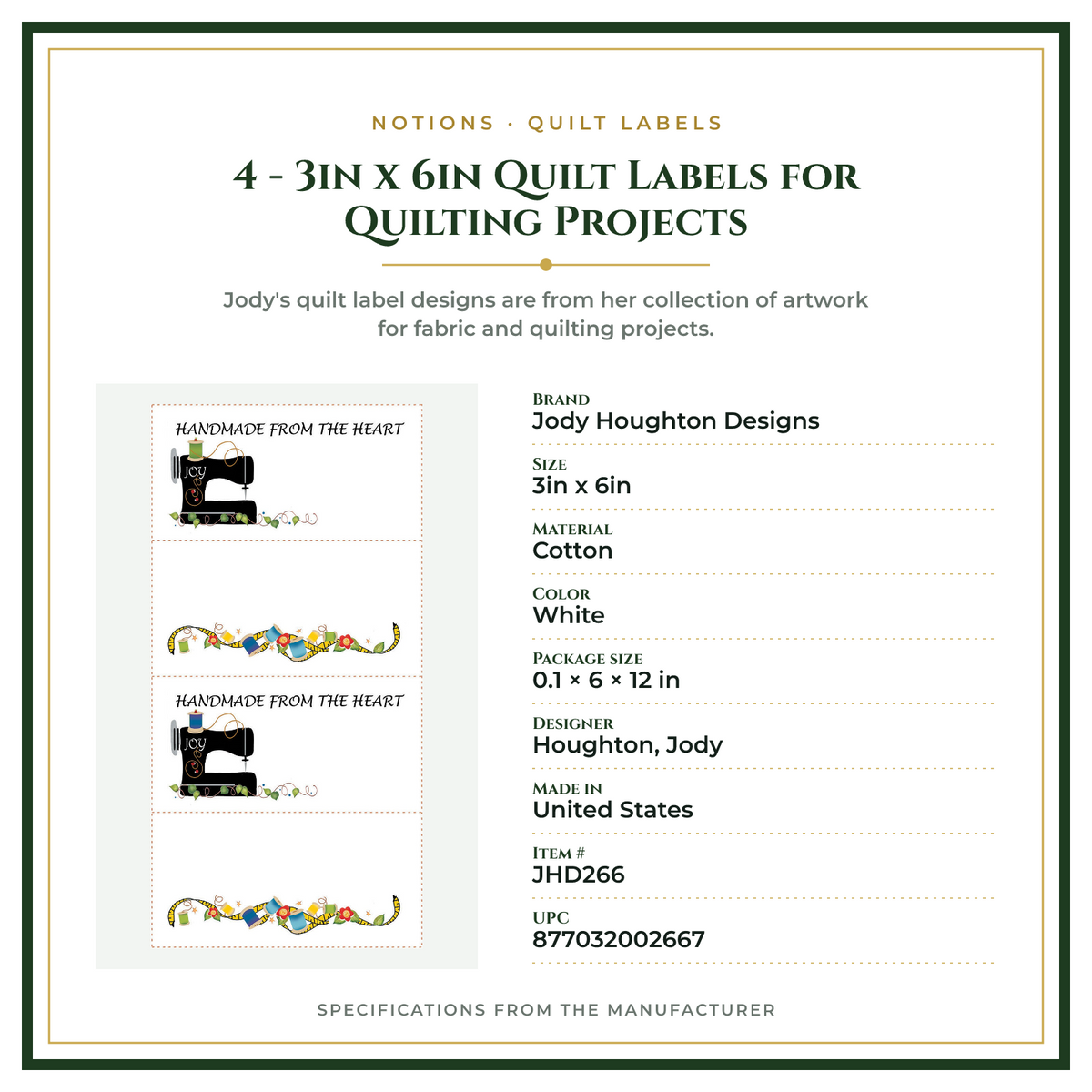 Product Specifications – 4 - 3in x 6in Quilt Labels for Quilting Projects