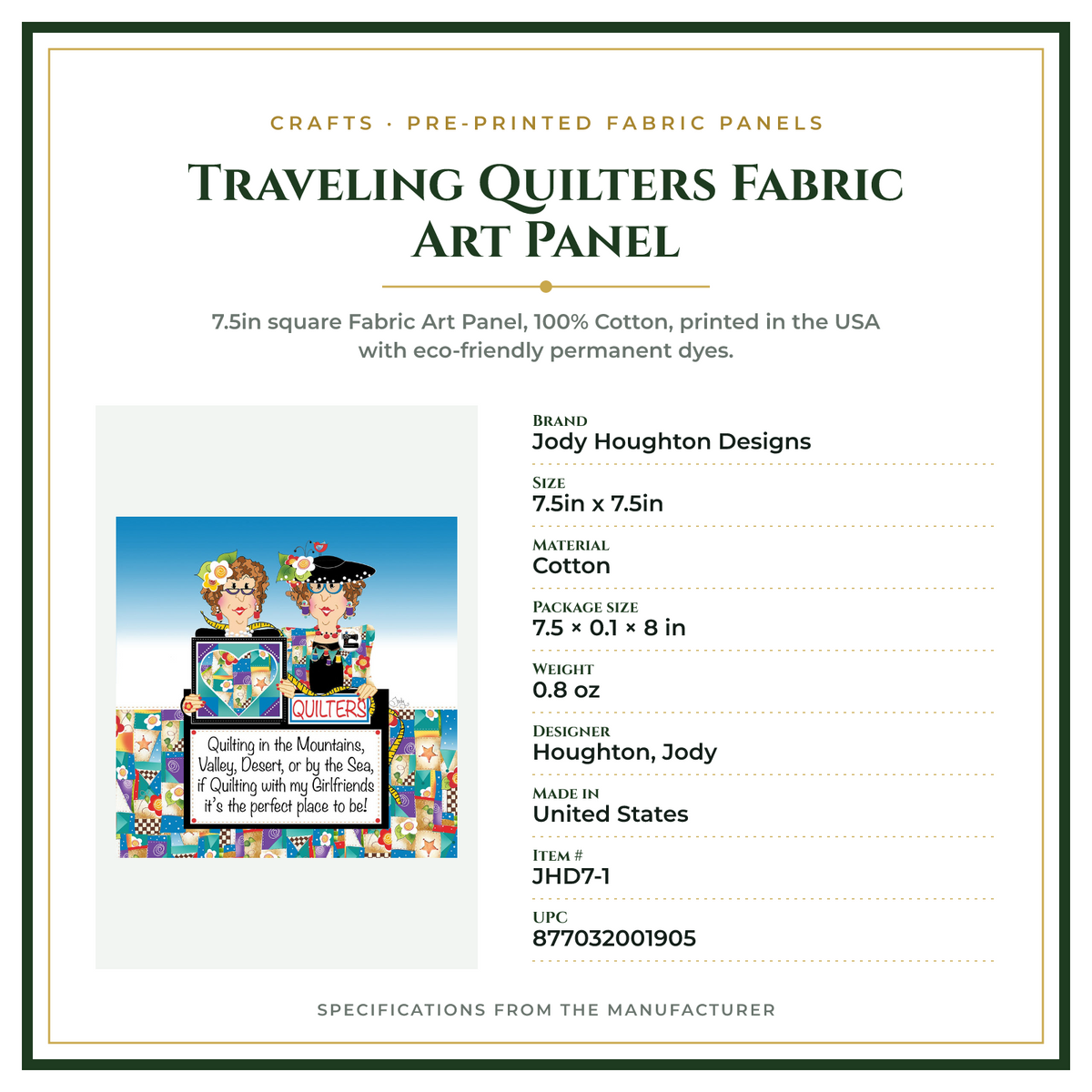 Product Specifications – Traveling Quilters Fabric Art Panel