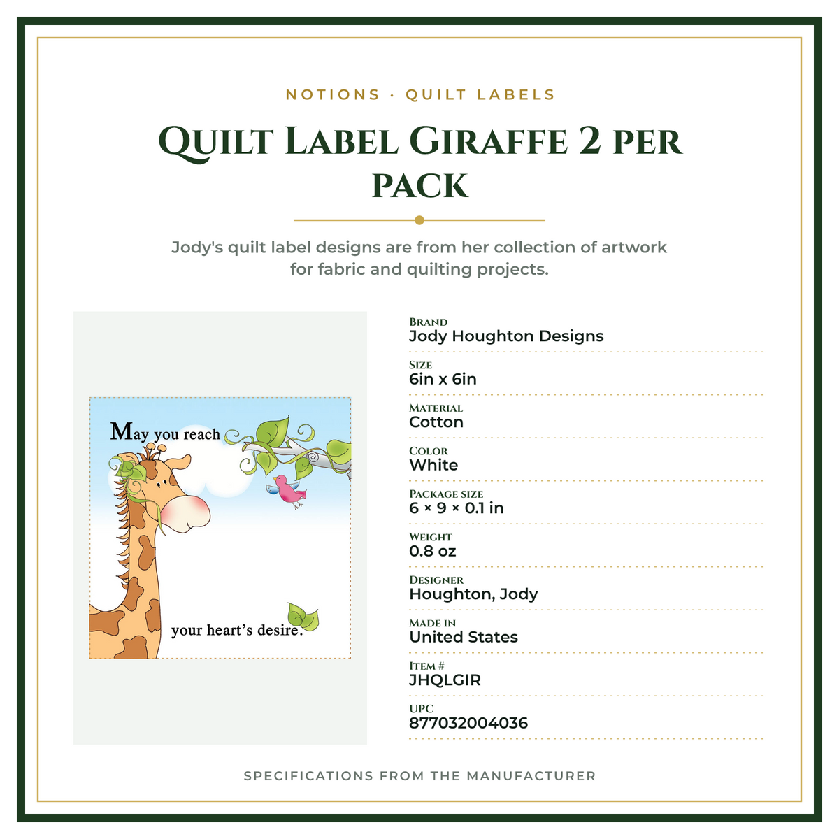 Product Specifications – Quilt Label Giraffe 2 per pack