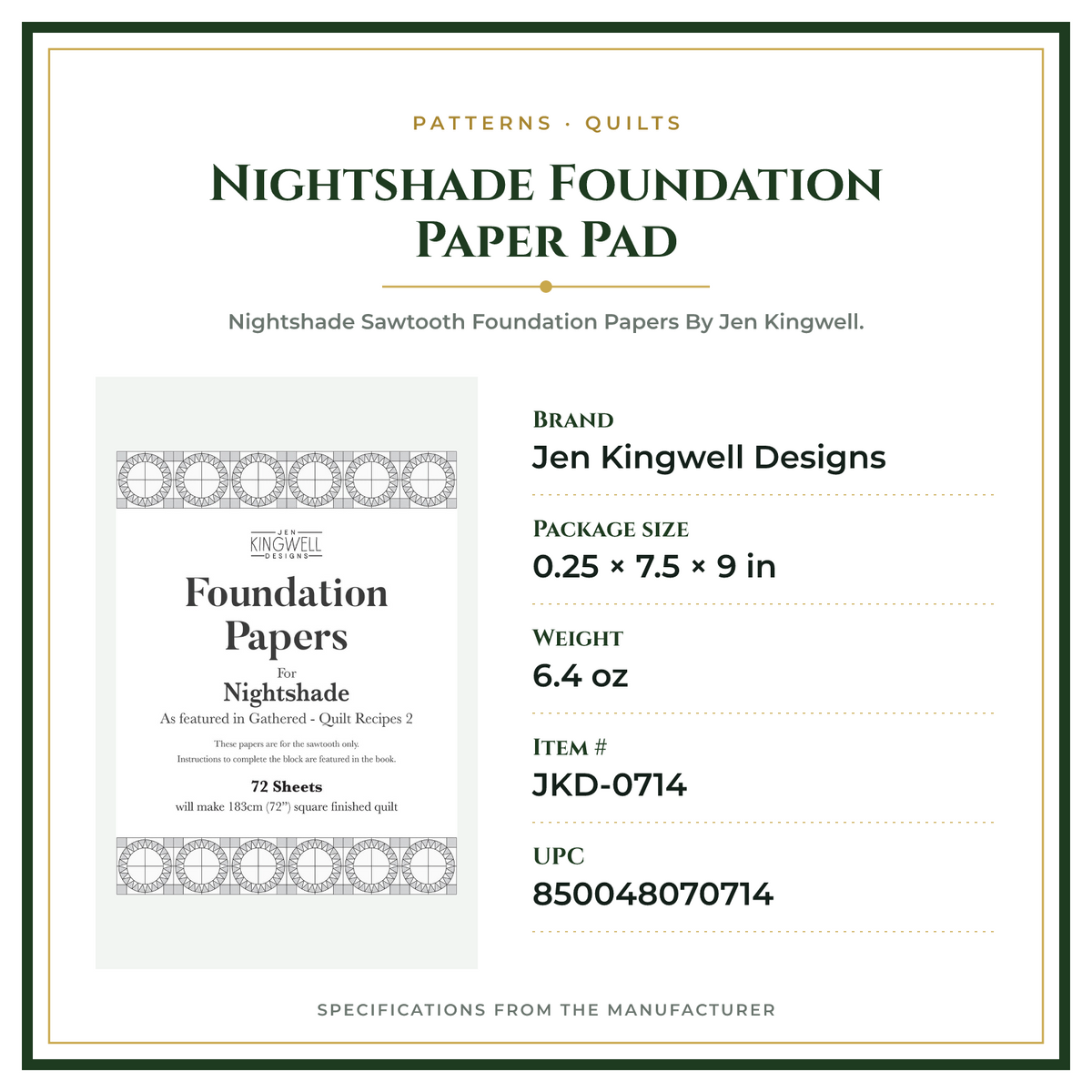 Product Specifications – Nightshade Foundation Paper Pad