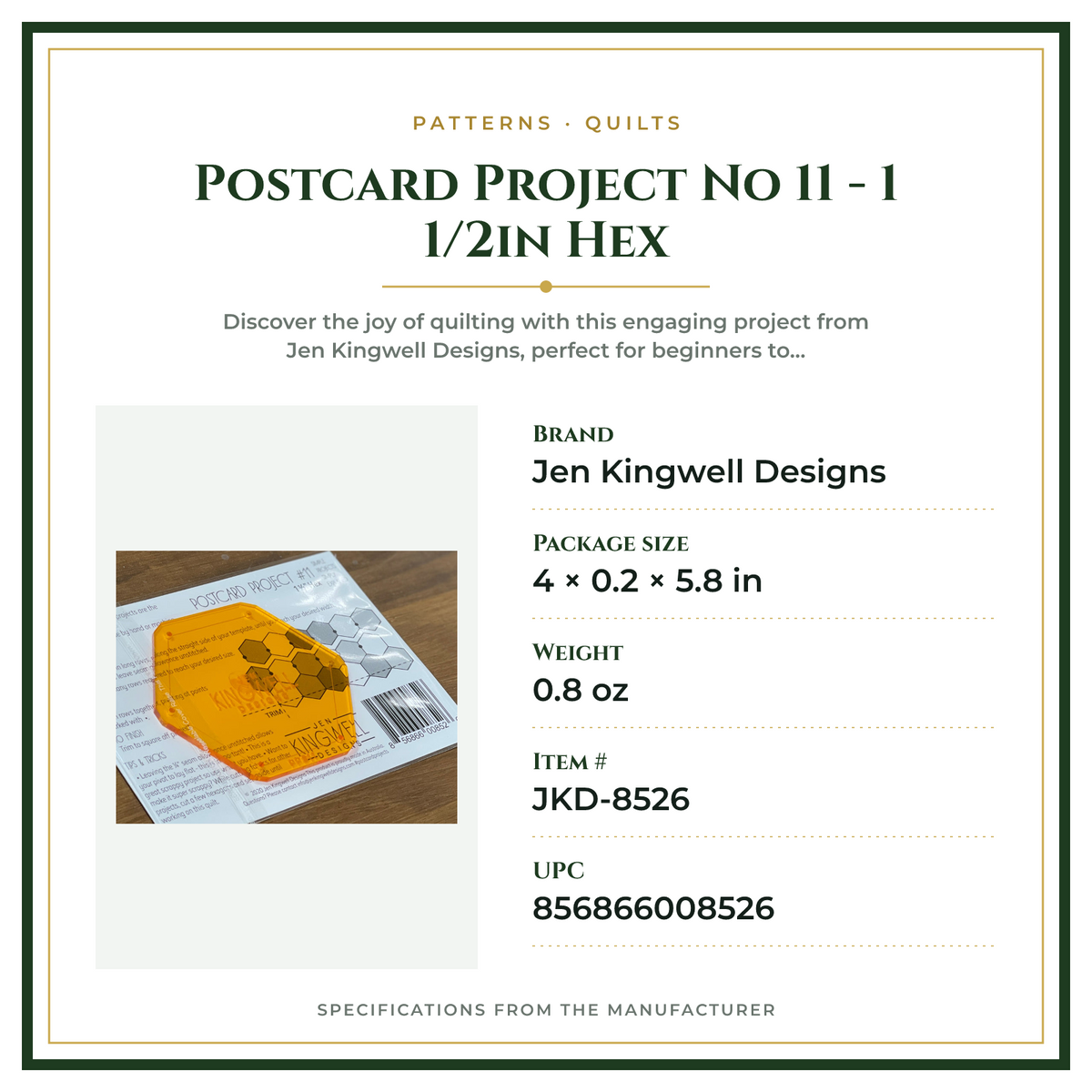Product Specifications – Postcard Project No 11 - 1 1/2in Hex