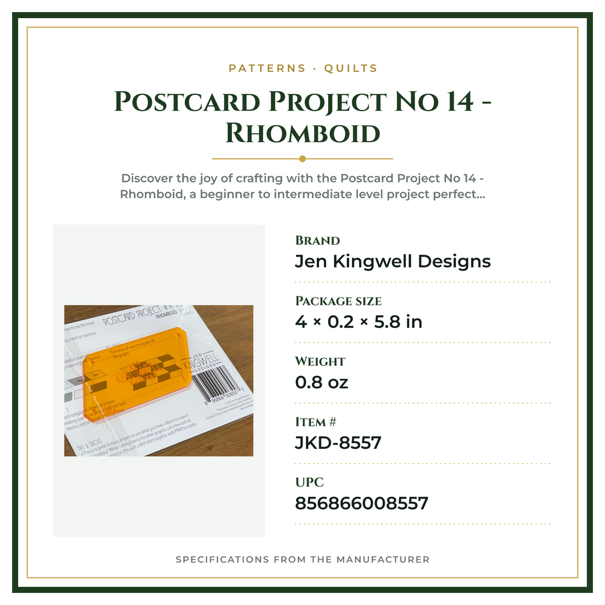 Product Specifications – Postcard Project No 14 - Rhomboid
