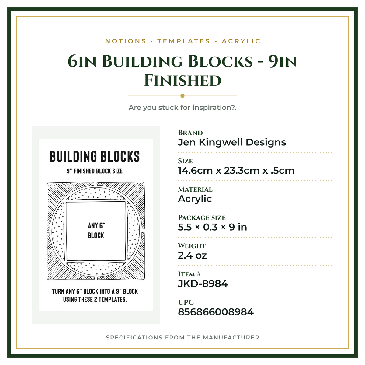 Product Specifications – 6in Building Blocks - 9in Finished