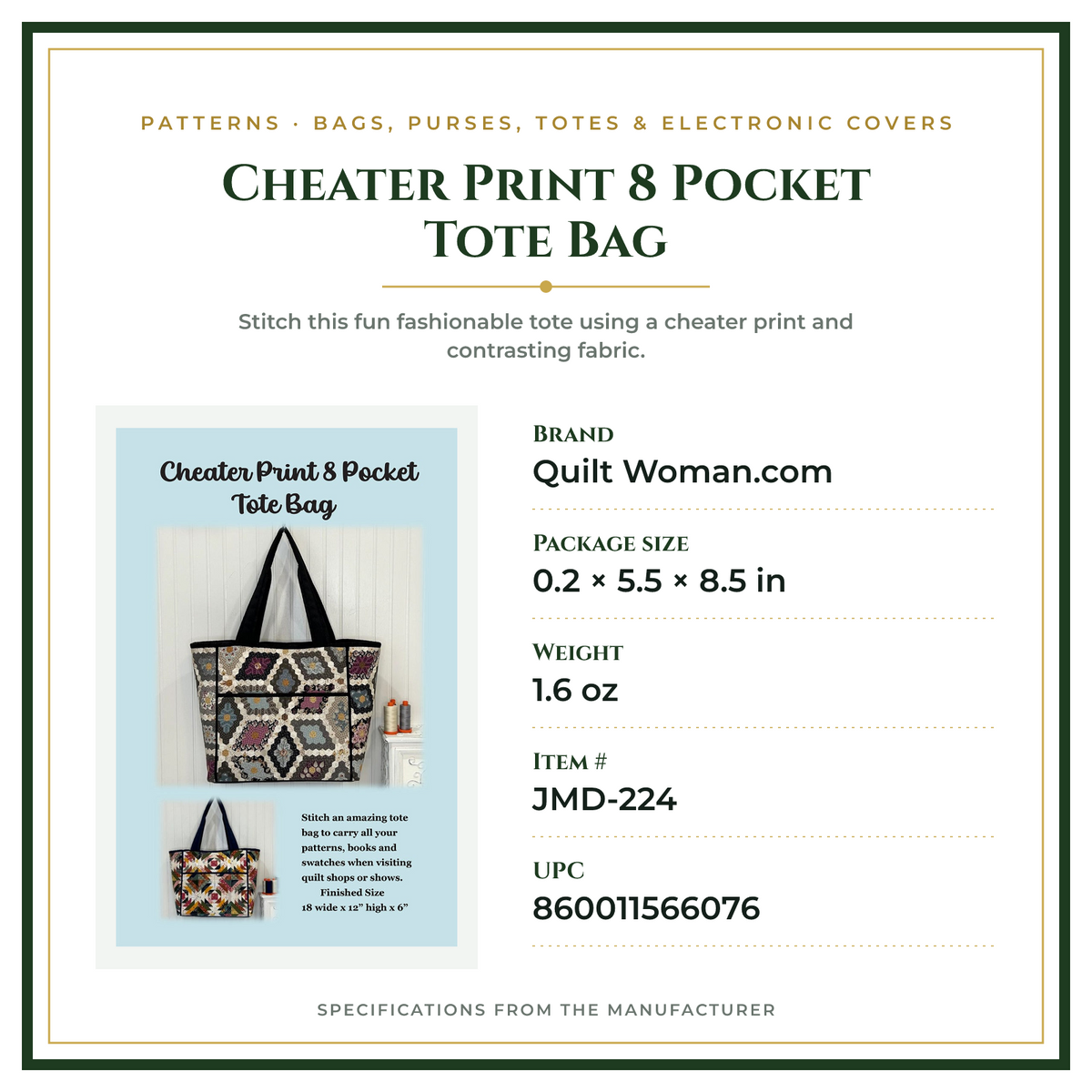 Product Specifications – Cheater Print 8 Pocket Tote Bag