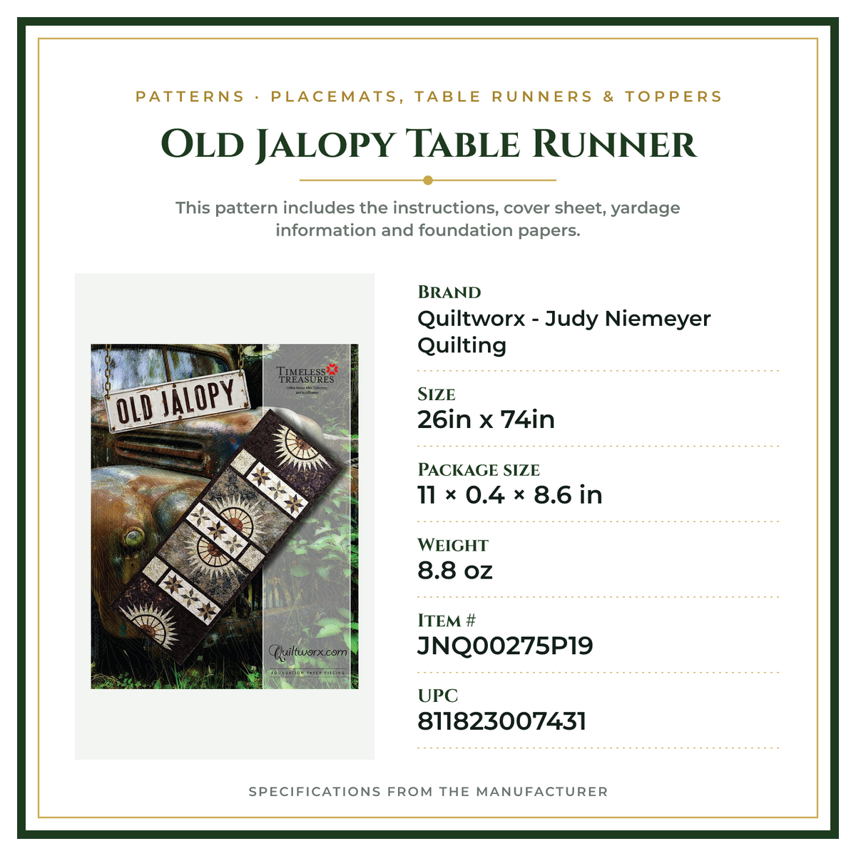 Product Specifications – Old Jalopy Table Runner