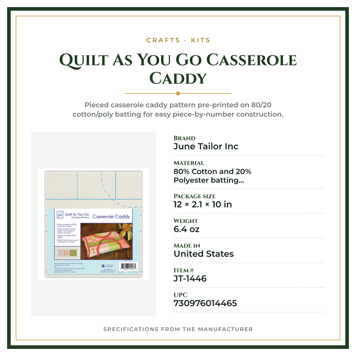 Product Specifications – Quilt As You Go Casserole Caddy