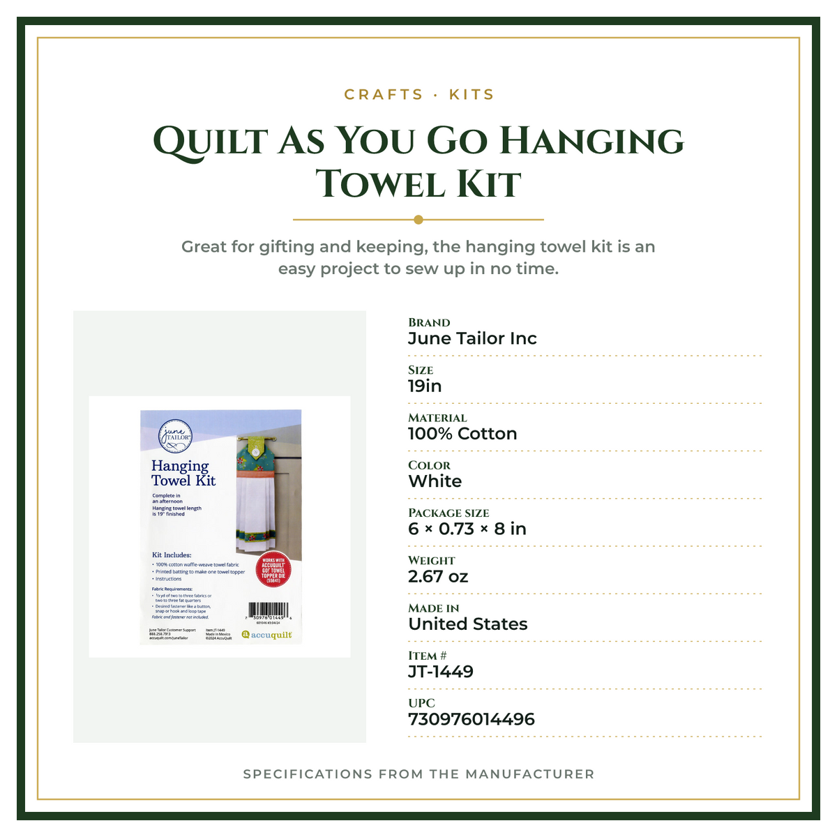 Product Specifications – Quilt As You Go Hanging Towel Kit