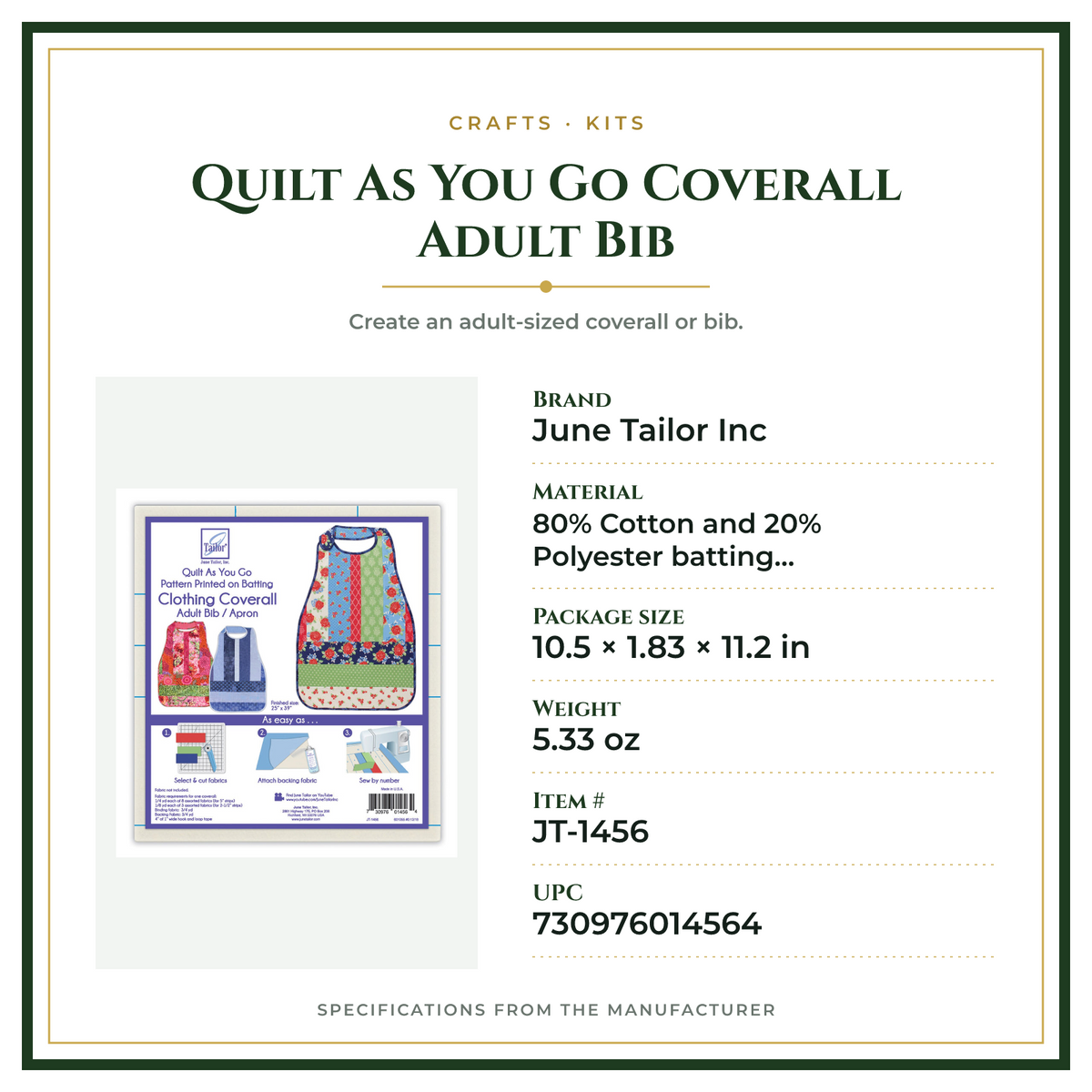 Product Specifications – Quilt As You Go Coverall Adult Bib