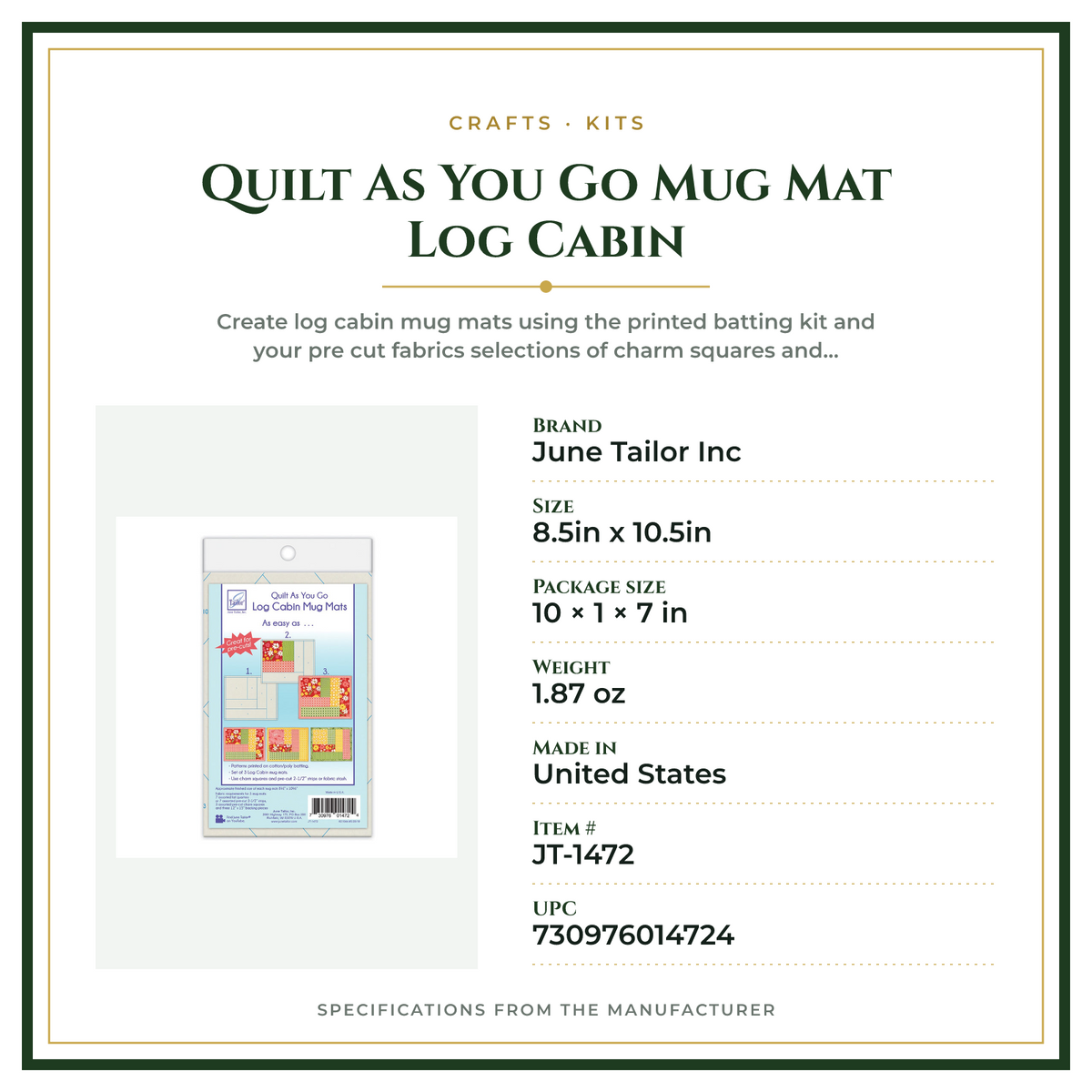 Product Specifications – Quilt As You Go Mug Mat Log Cabin