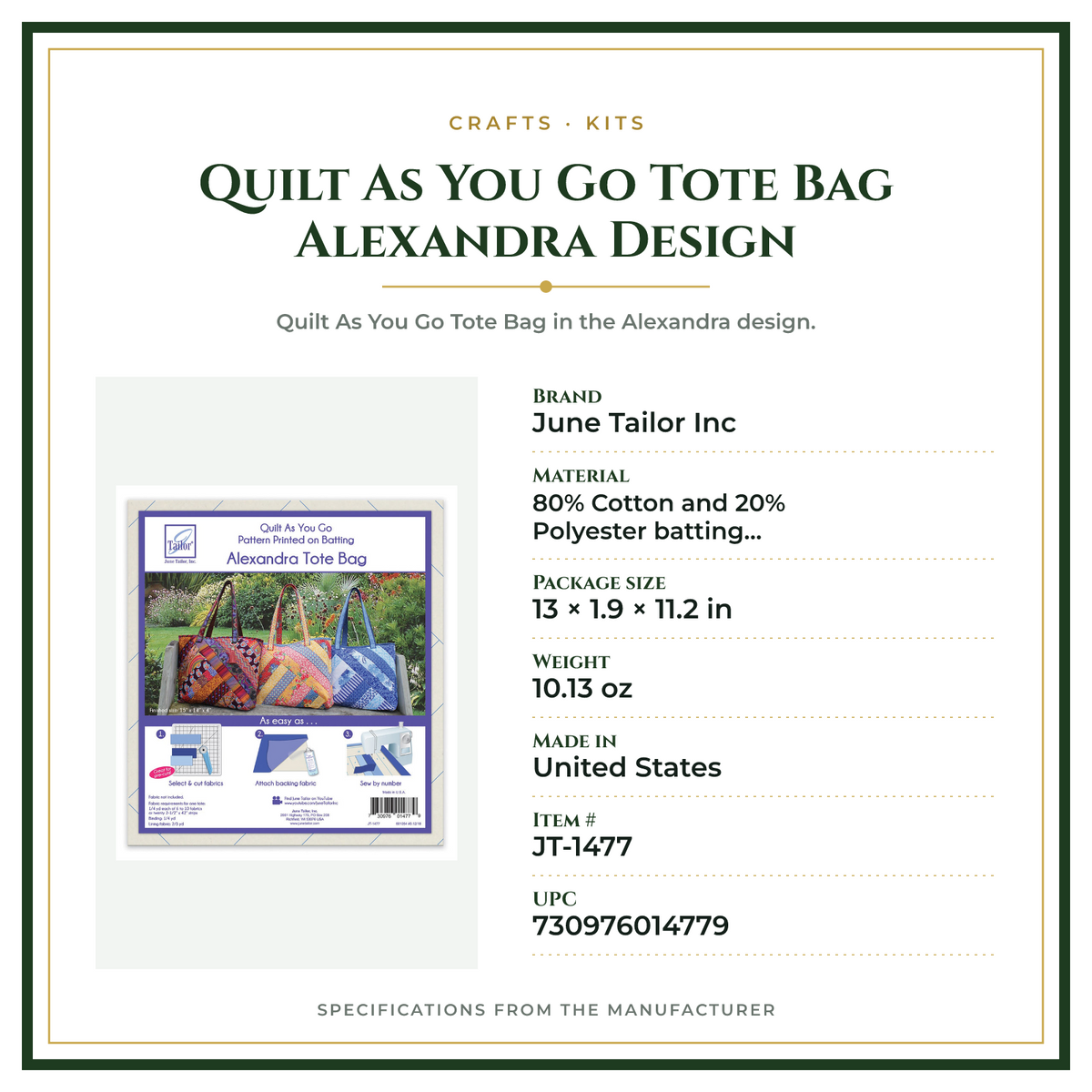 Product Specifications – Quilt As You Go Tote Bag Alexandra Design
