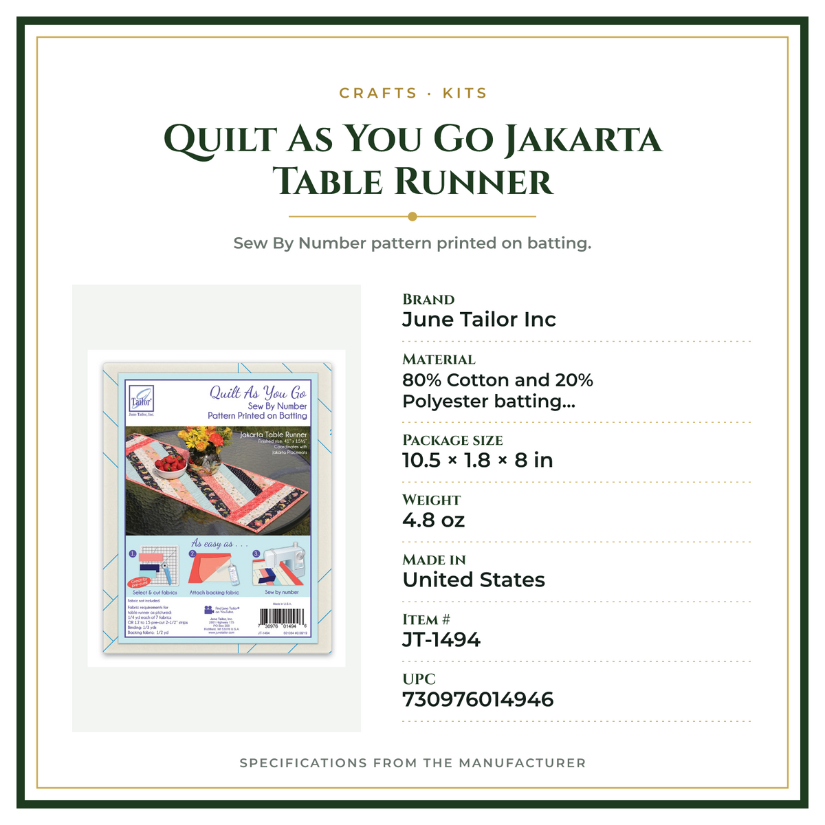 Product Specifications – Quilt As You Go Jakarta Table Runner
