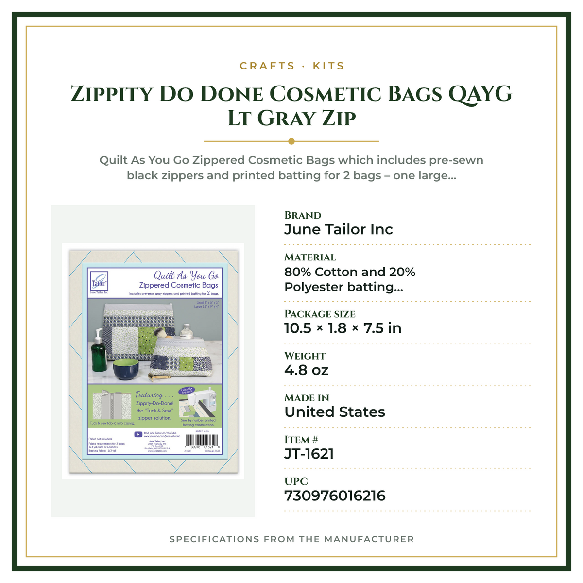 Product Specifications – Zippity Do Done Cosmetic Bags QAYG Lt Gray Zip