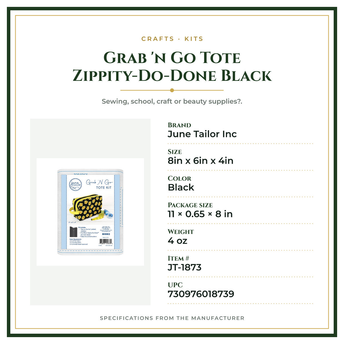 Product Specifications – Grab 'n Go Tote Zippity-Do-Done Black