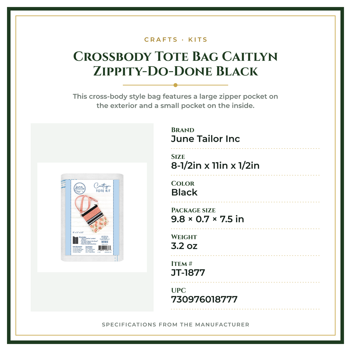 Product Specifications – Crossbody Tote Bag Caitlyn Zippity-Do-Done Black