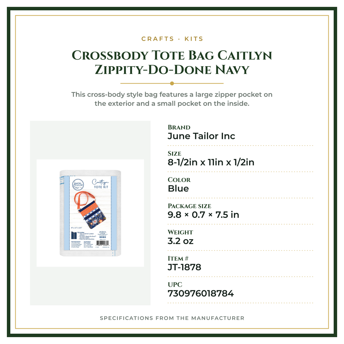 Product Specifications – Crossbody Tote Bag Caitlyn Zippity-Do-Done Navy