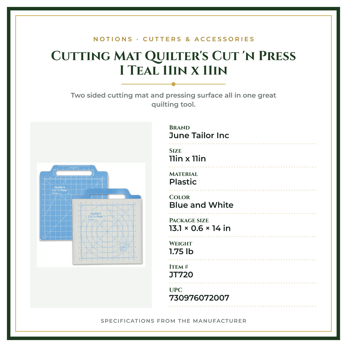 Product Specifications – Cutting Mat Quilter's Cut 'n Press I Teal 11in x 11in