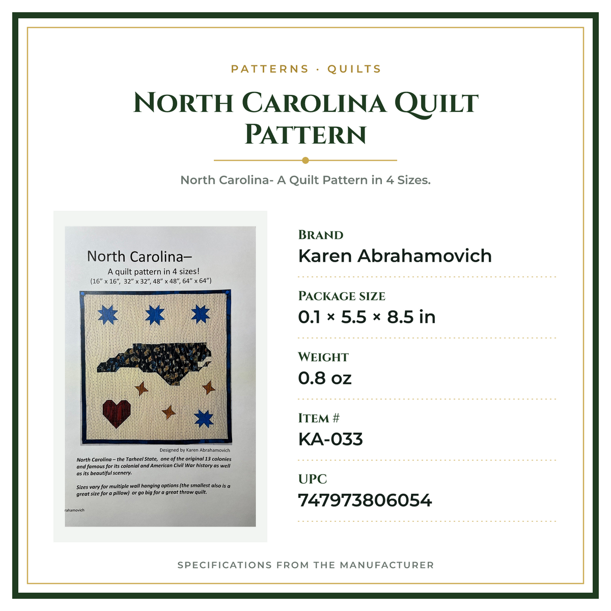 Product Specifications – North Carolina Quilt Pattern