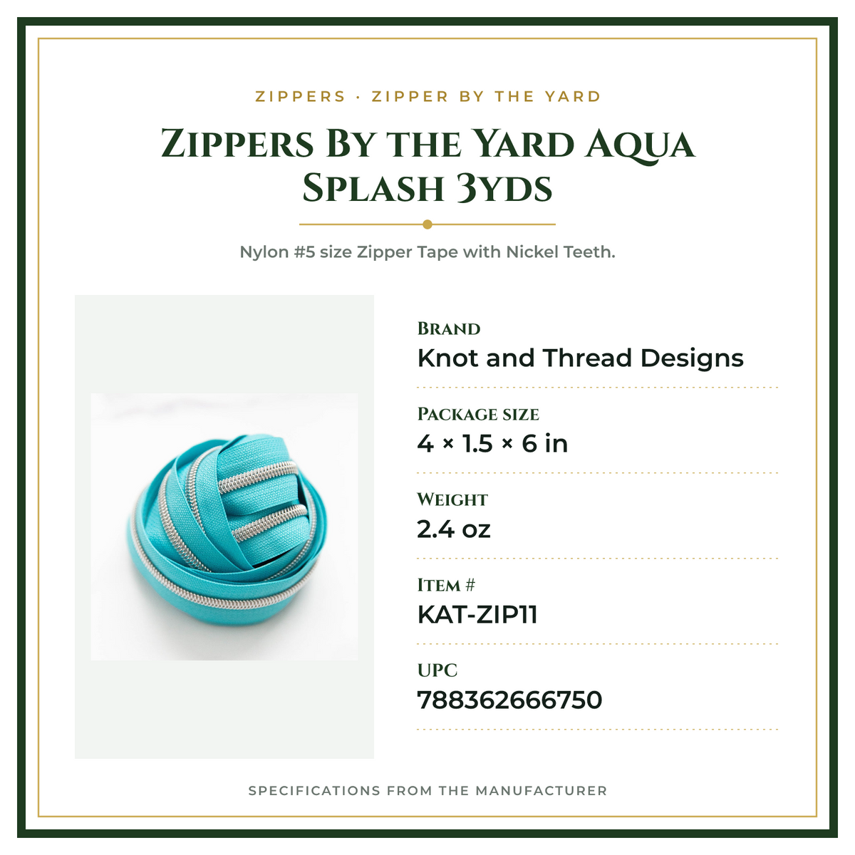 Product Specifications – Zippers By the Yard Aqua Splash 3yds