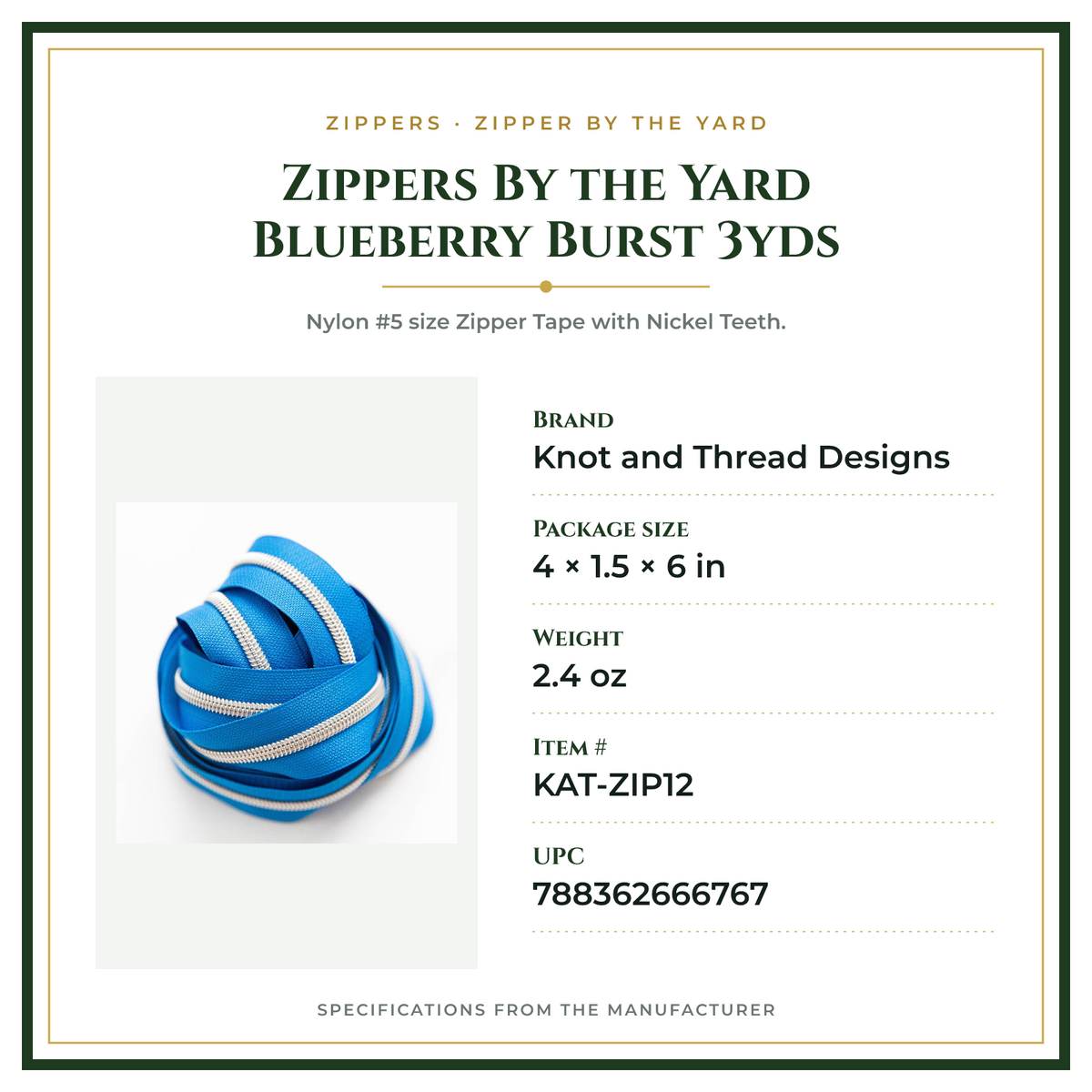 Product Specifications – Zippers By the Yard Blueberry Burst 3yds