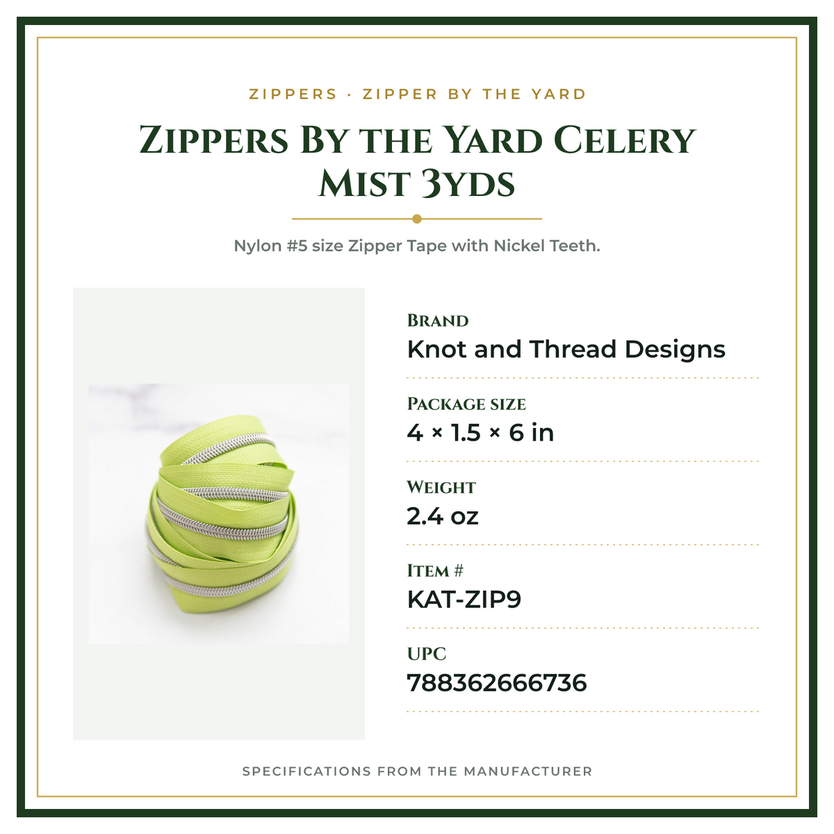 Product Specifications – Zippers By the Yard Celery Mist 3yds