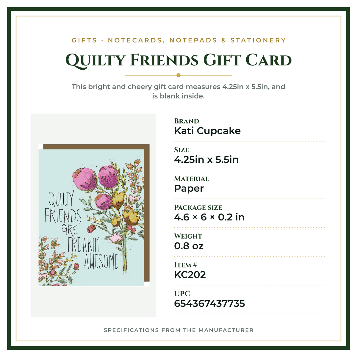 Product Specifications – Quilty Friends Gift Card