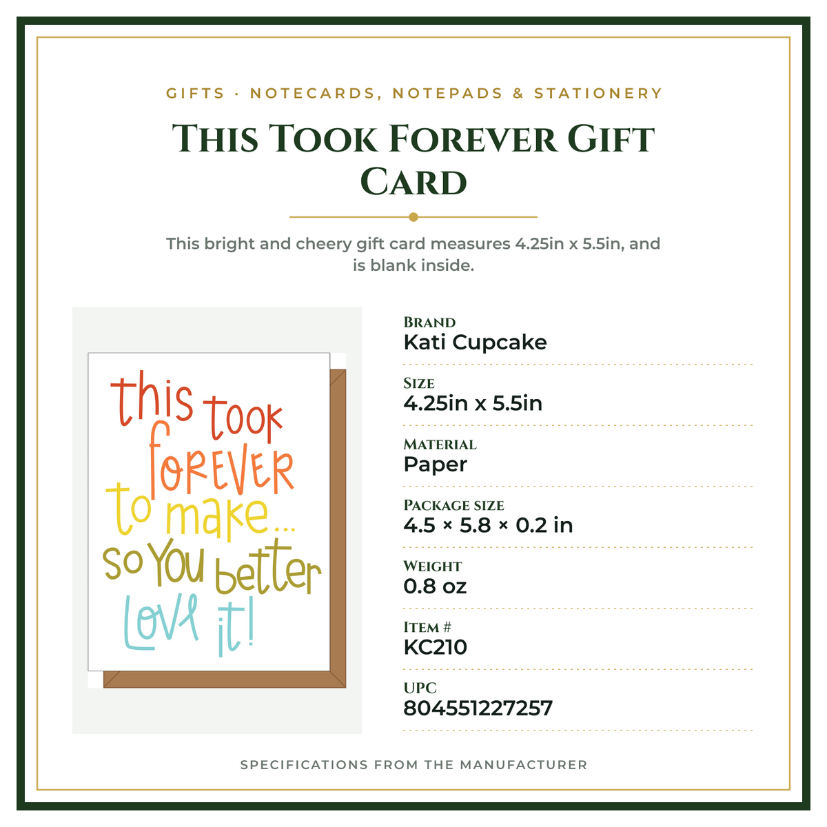 Product Specifications – This Took Forever Gift Card