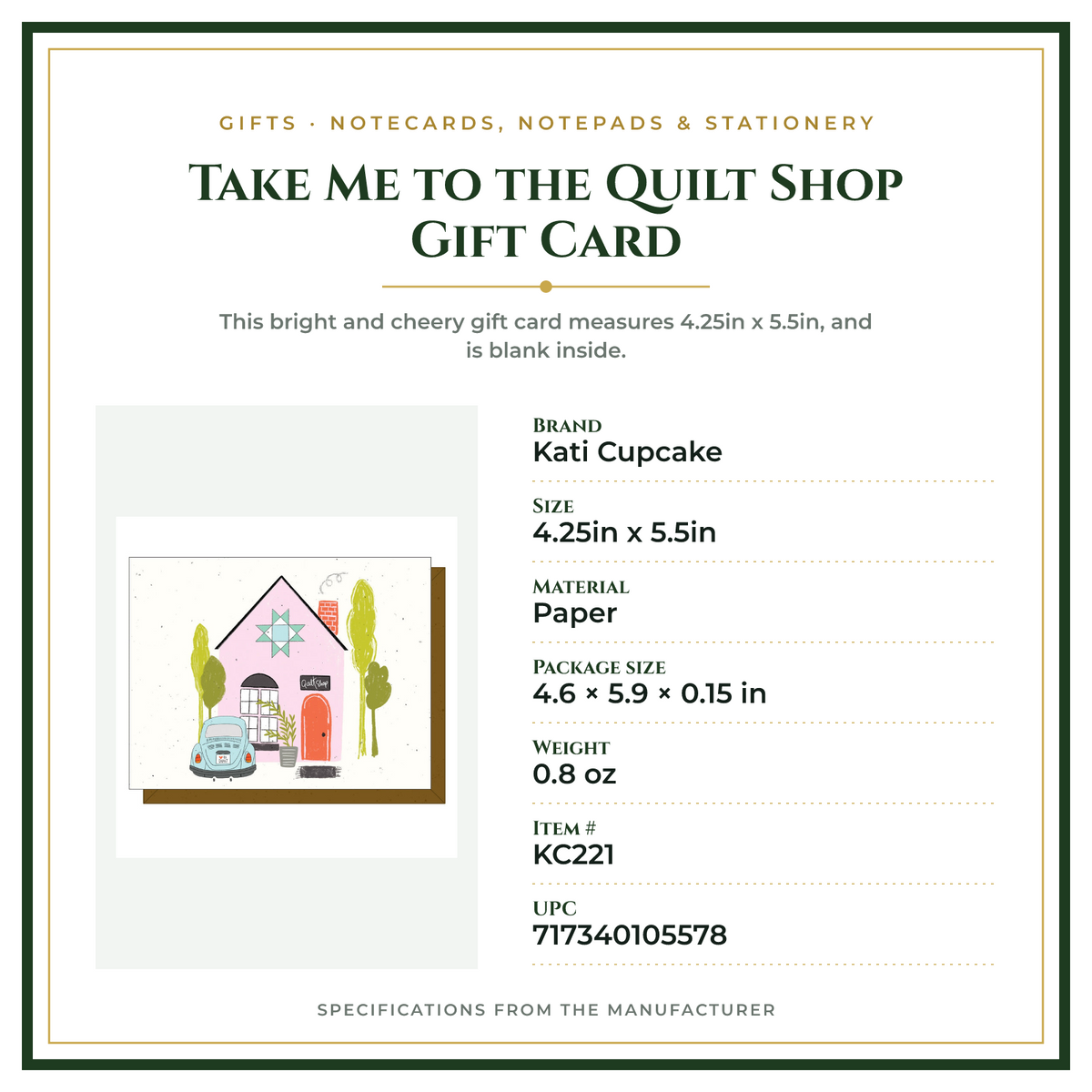 Product Specifications – Take Me to the Quilt Shop Gift Card