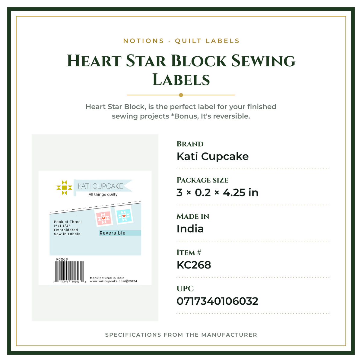 Product Specifications – Heart Star Block Sewing Labels