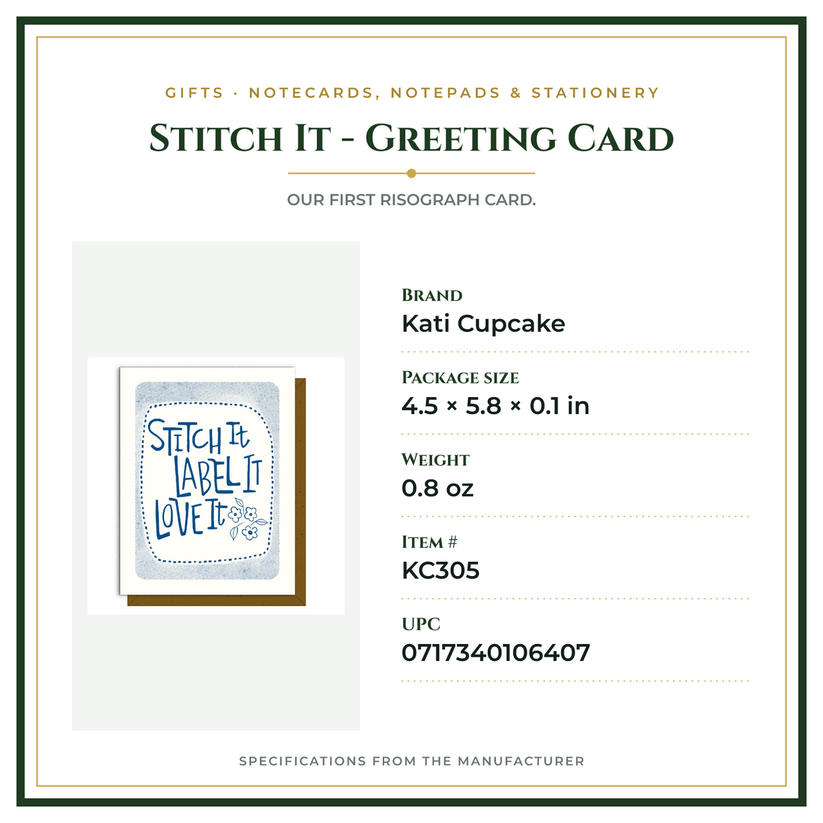 Product Specifications – Stitch It - Greeting Card