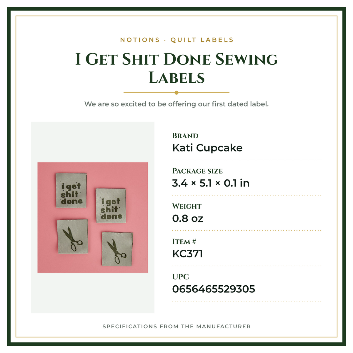 Product Specifications – I Get Shit Done Sewing Labels