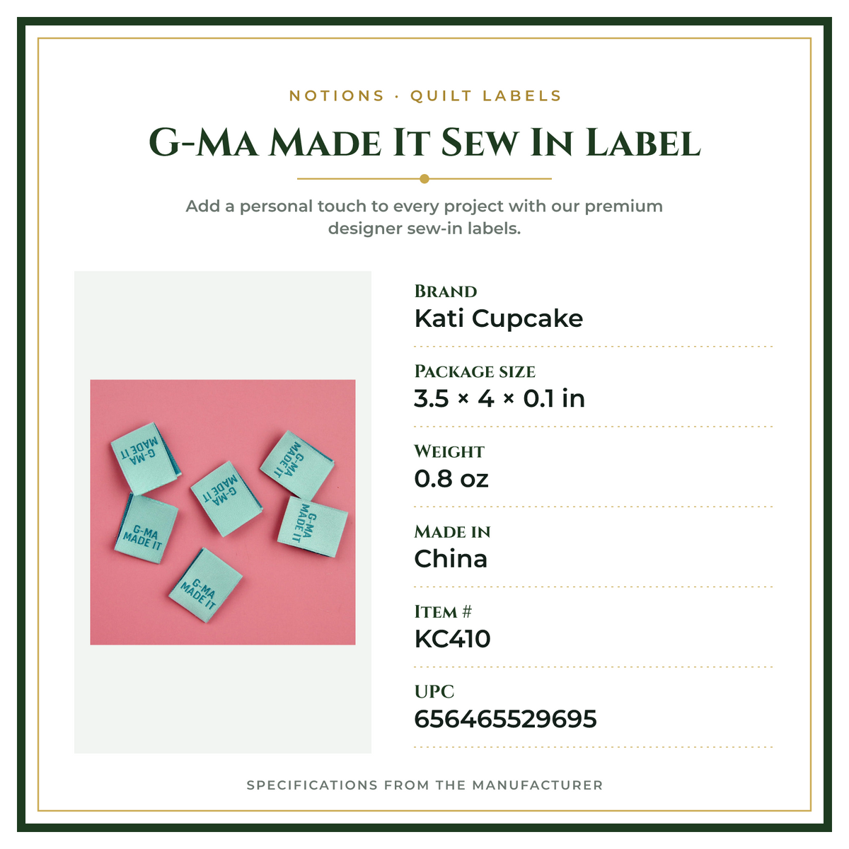Product Specifications – G-Ma Made It Sew In Label