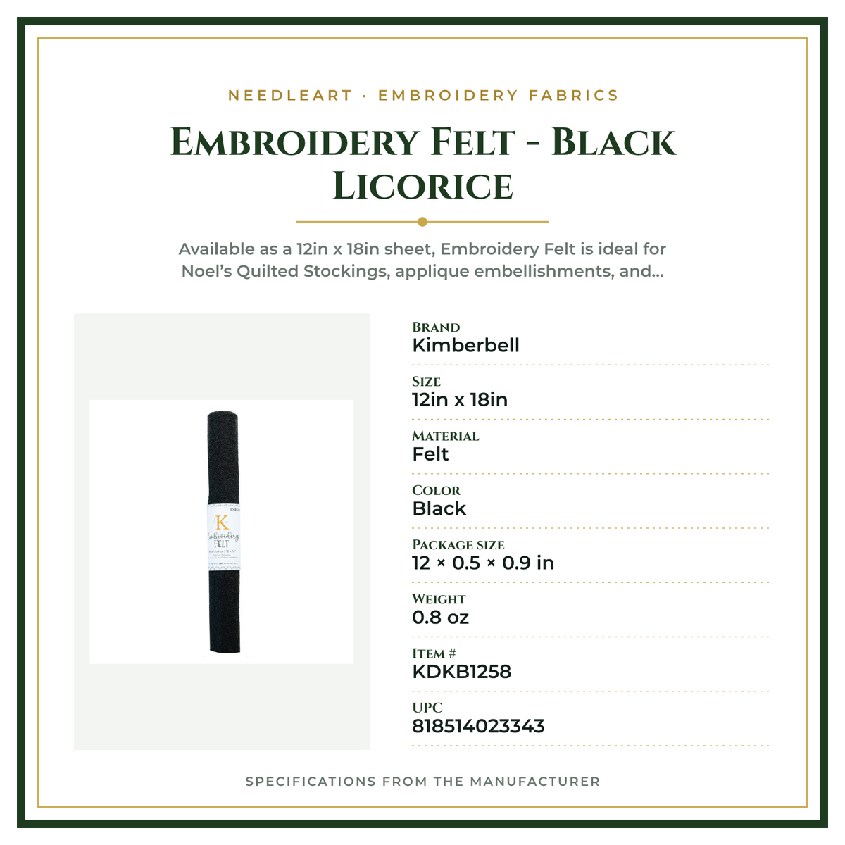 Product Specifications – Embroidery Felt - Black Licorice