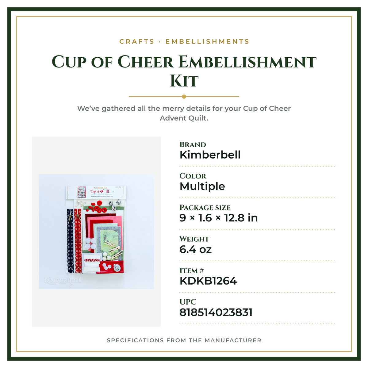 Product Specifications – Cup of Cheer Embellishment Kit
