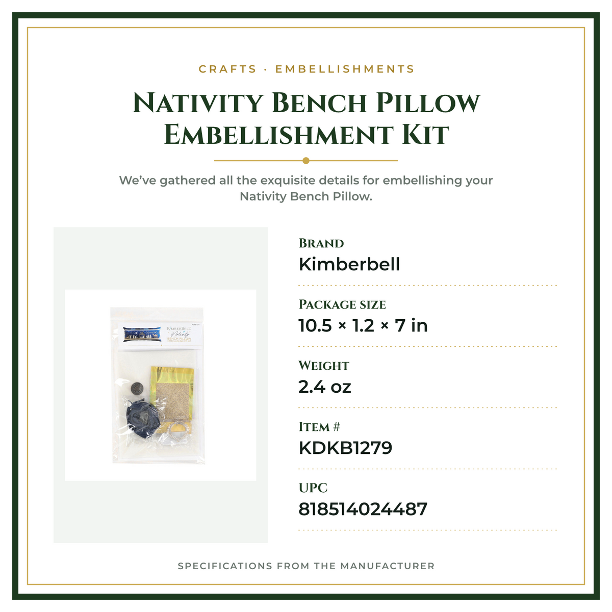 Product Specifications – Nativity Bench Pillow Embellishment Kit