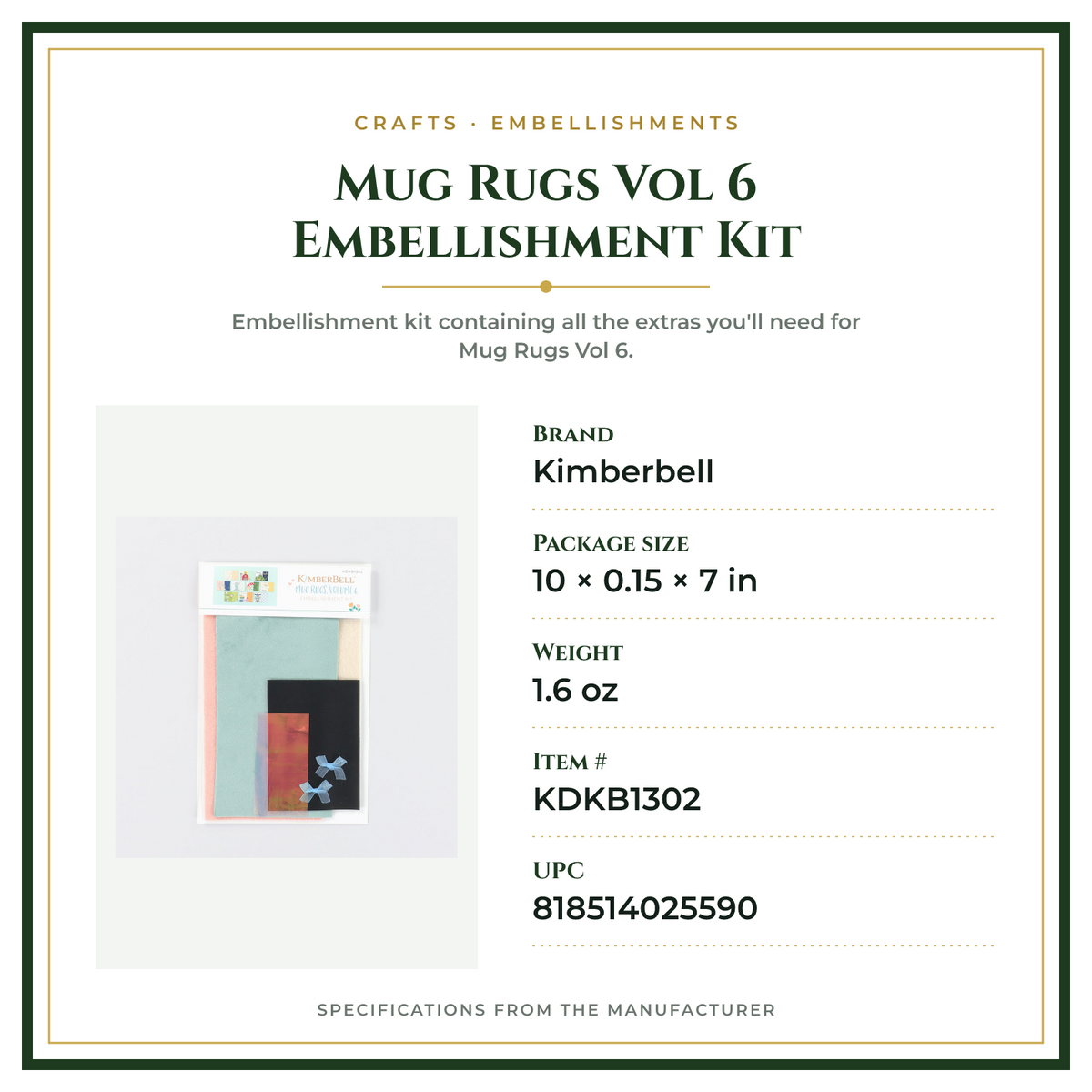 Product Specifications – Mug Rugs Vol 6 Embellishment Kit