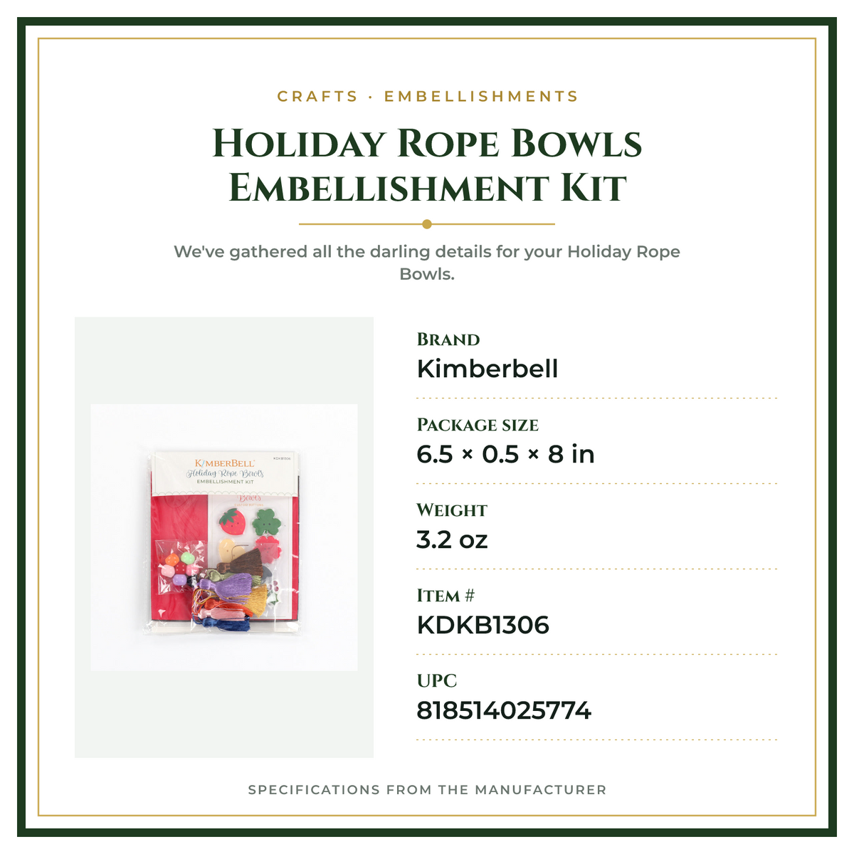 Product Specifications – Holiday Rope Bowls Embellishment Kit