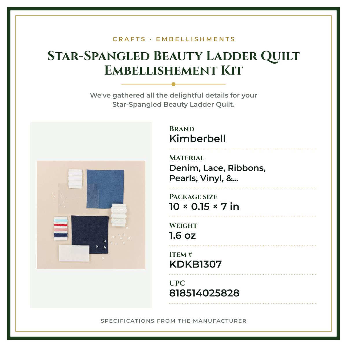 Product Specifications – Star-Spangled Beauty Ladder Quilt Embellishement Kit