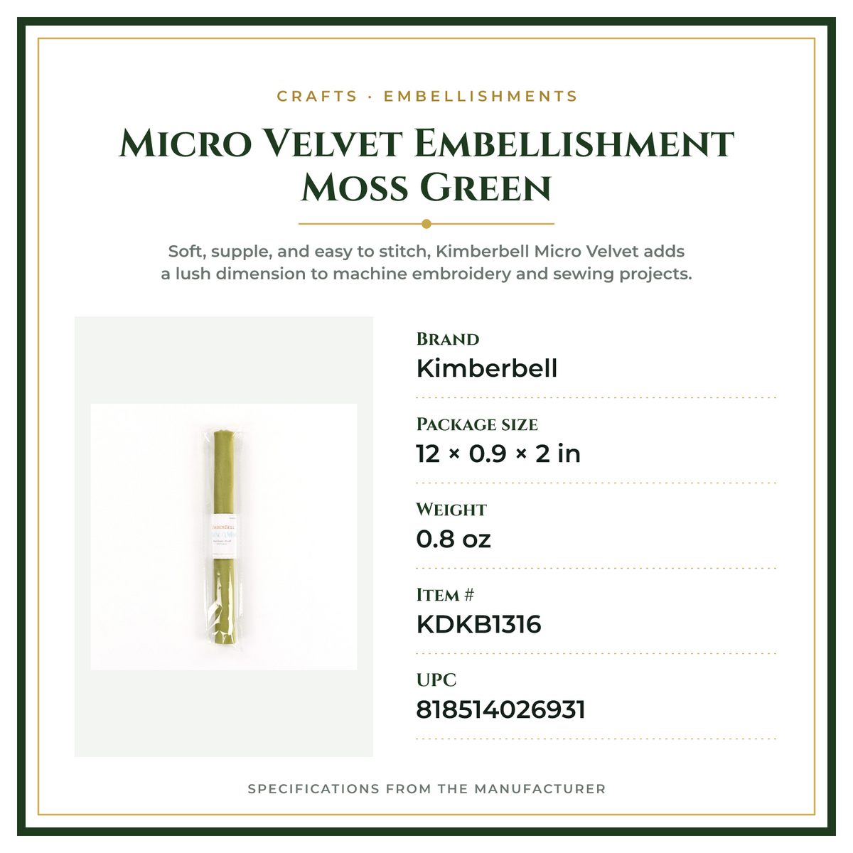 Product Specifications – Micro Velvet Embellishment Moss Green