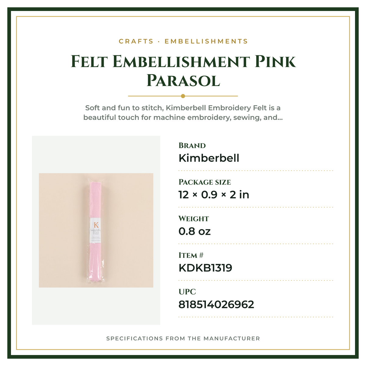 Product Specifications – Felt Embellishment Pink Parasol
