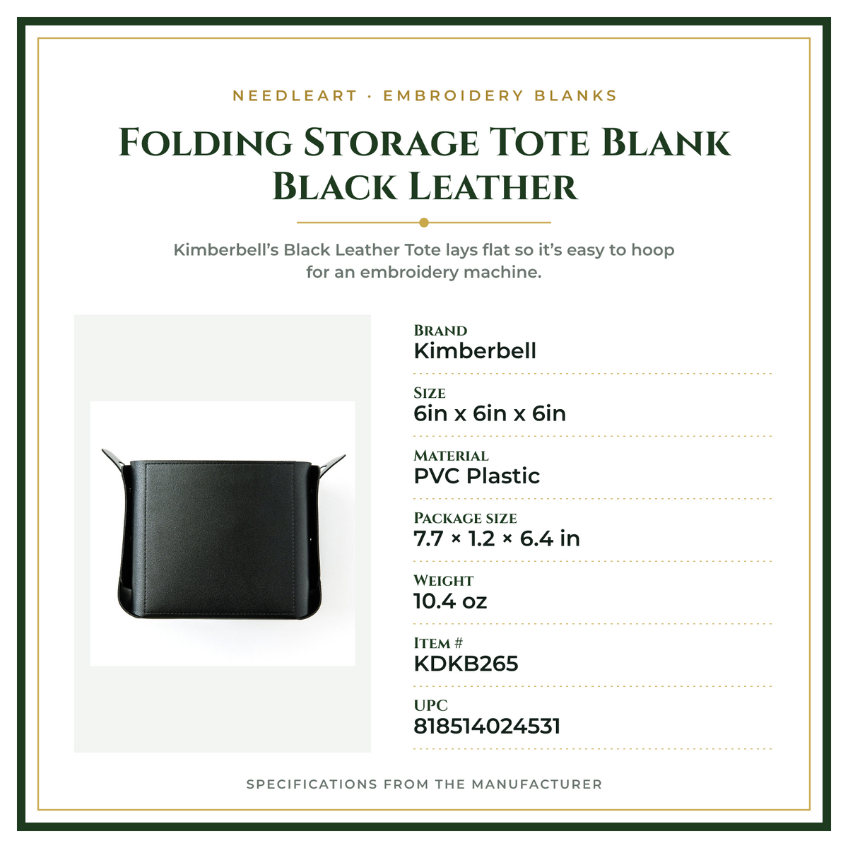 Product Specifications – Folding Storage Tote Blank Black Leather