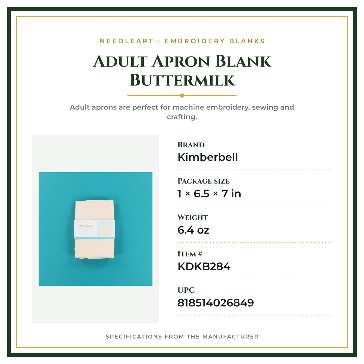 Product Specifications – Adult Apron Blank Buttermilk