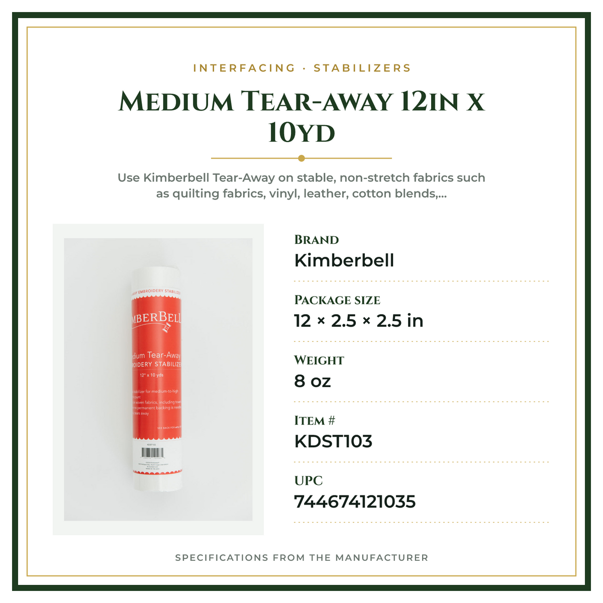 Product Specifications – Medium Tear-away 12in x 10yd
