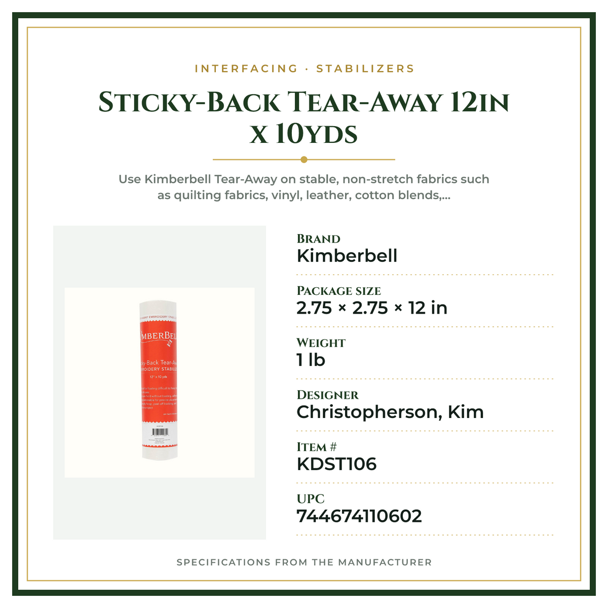 Product Specifications – Sticky-Back Tear-Away 12in x 10yds