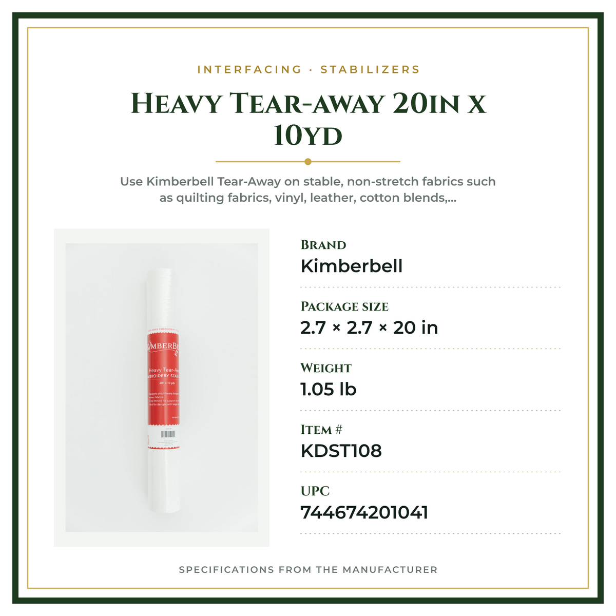 Product Specifications – Heavy Tear-away 20in x 10yd