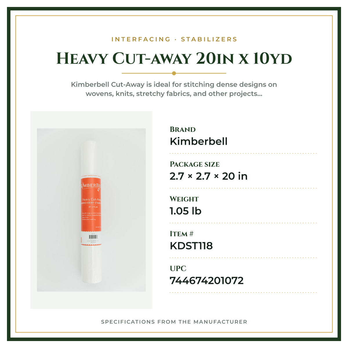 Product Specifications – Heavy Cut-away 20in x 10yd