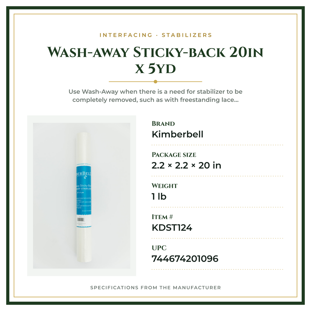Product Specifications – Wash-away Sticky-back 20in x 5yd