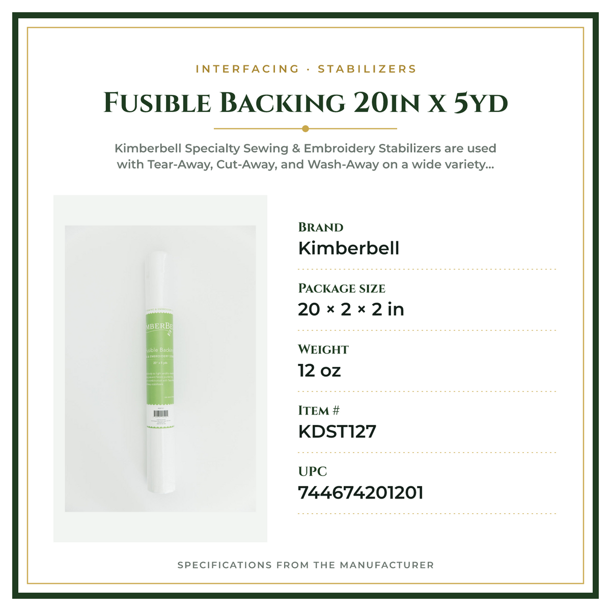 Product Specifications – Fusible Backing 20in x 5yd