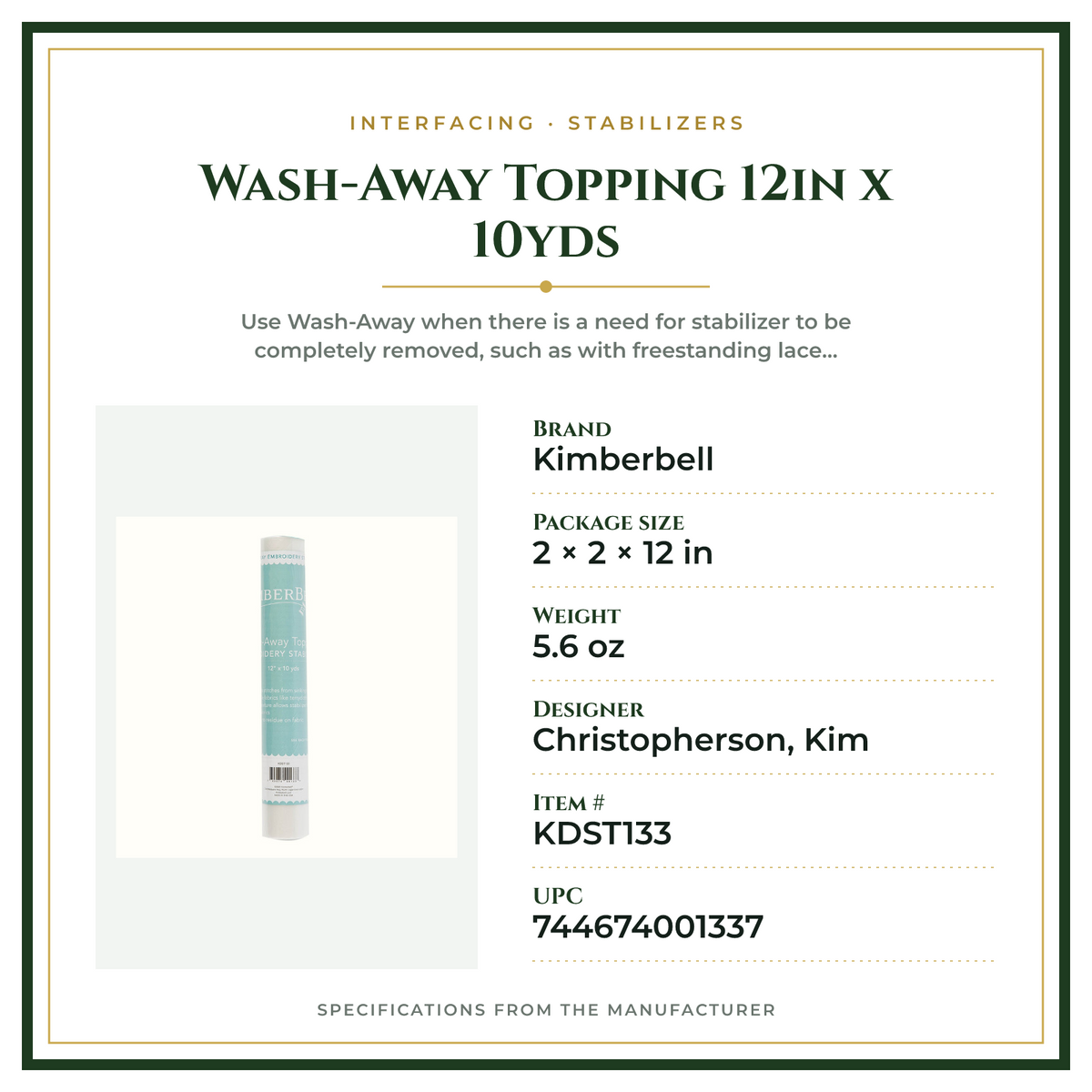 Product Specifications – Wash-Away Topping 12in x 10yds